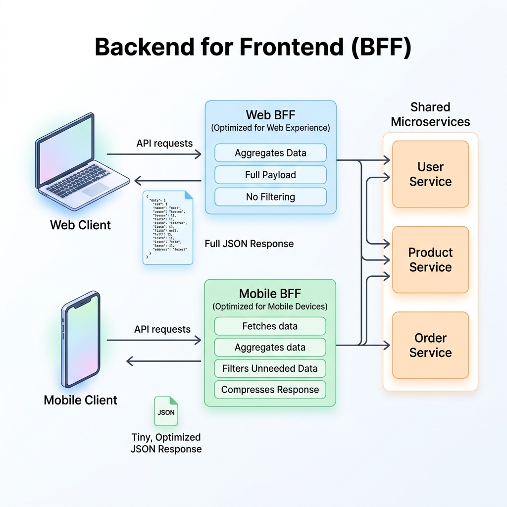 Schéma d'architecture Backend for Frontend (BFF) comparant les flux Web et mobiles