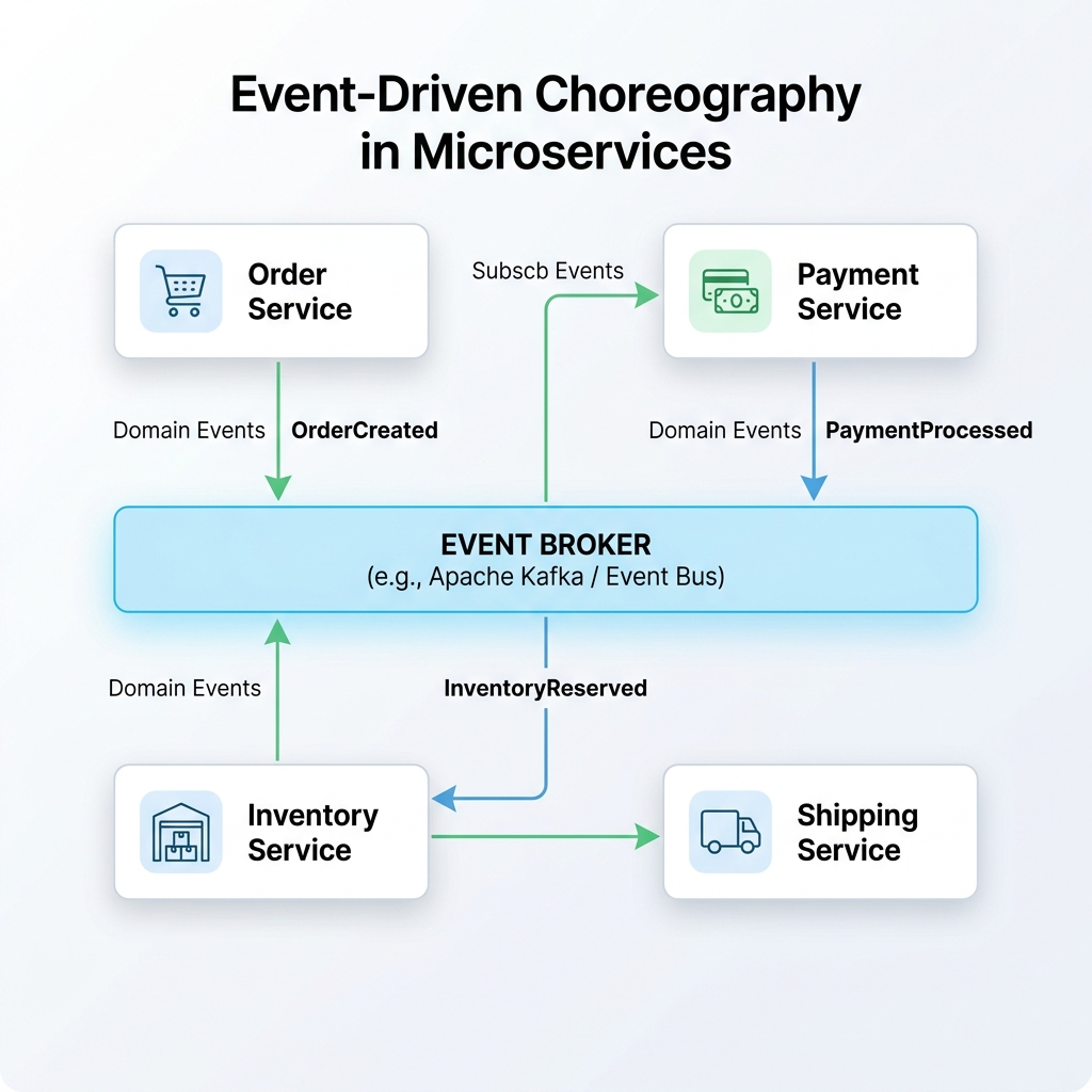 Ereignisgesteuertes Choreografie-Microservices-Architekturdiagramm