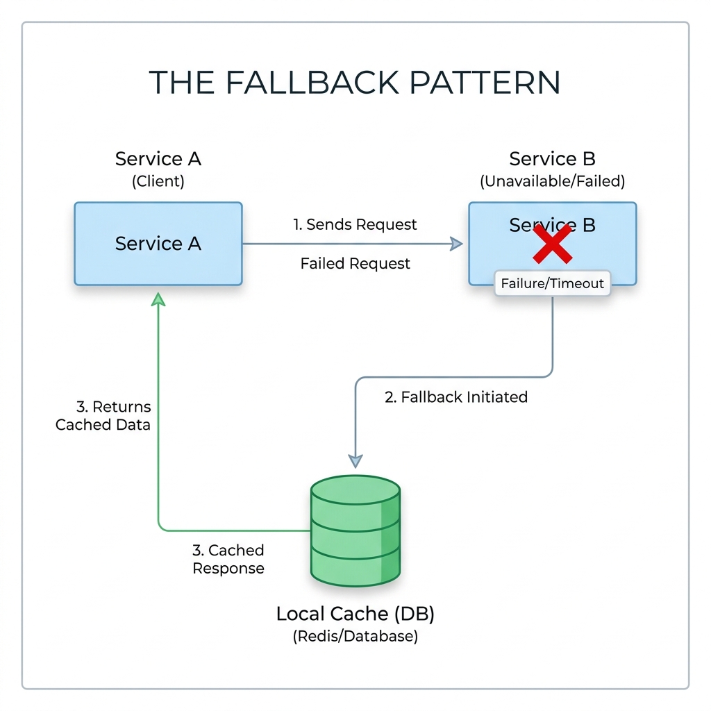 Diagramm der Fallback-Pattern-Architektur, das den Ausfall des primären Dienstes und die Weiterleitung an einen Fallback-Handler zeigt, um zwischengespeicherte/Sicherungsdaten abzurufen