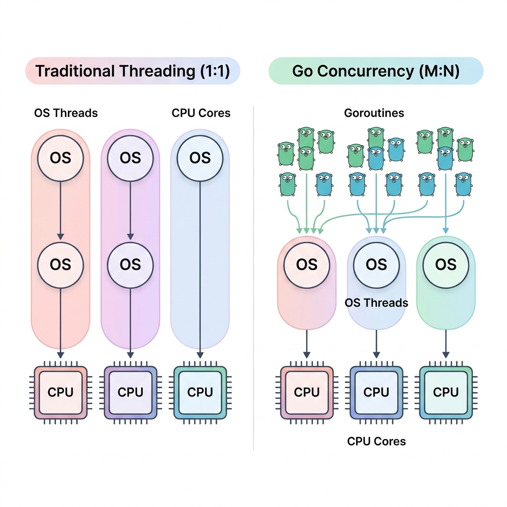 Traditionelles 1:1-Threading vs. Go M:N-Scheduler-Modelldiagramm