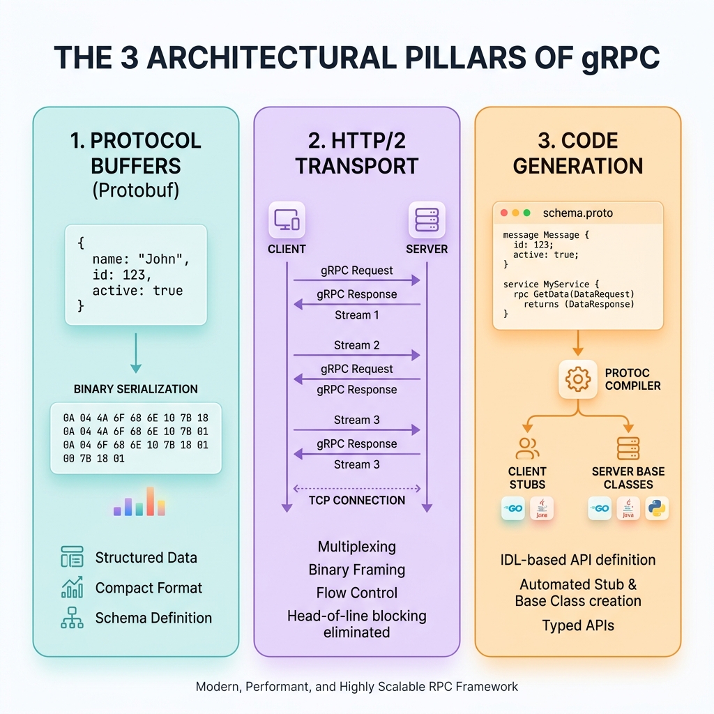 Les 3 piliers architecturaux de gRPC : tampons de protocole, transport HTTP/2 et génération de code