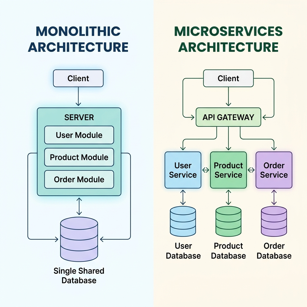 Diagrama comparativo de arquitectura monolítica vs microservicios