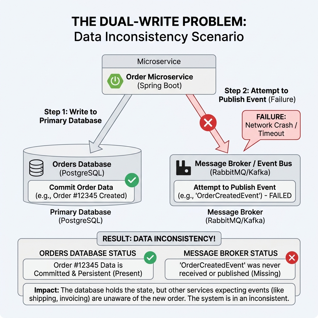 The Dual Write Problem Scenario Diagram showing database commit success vs broker publish failure