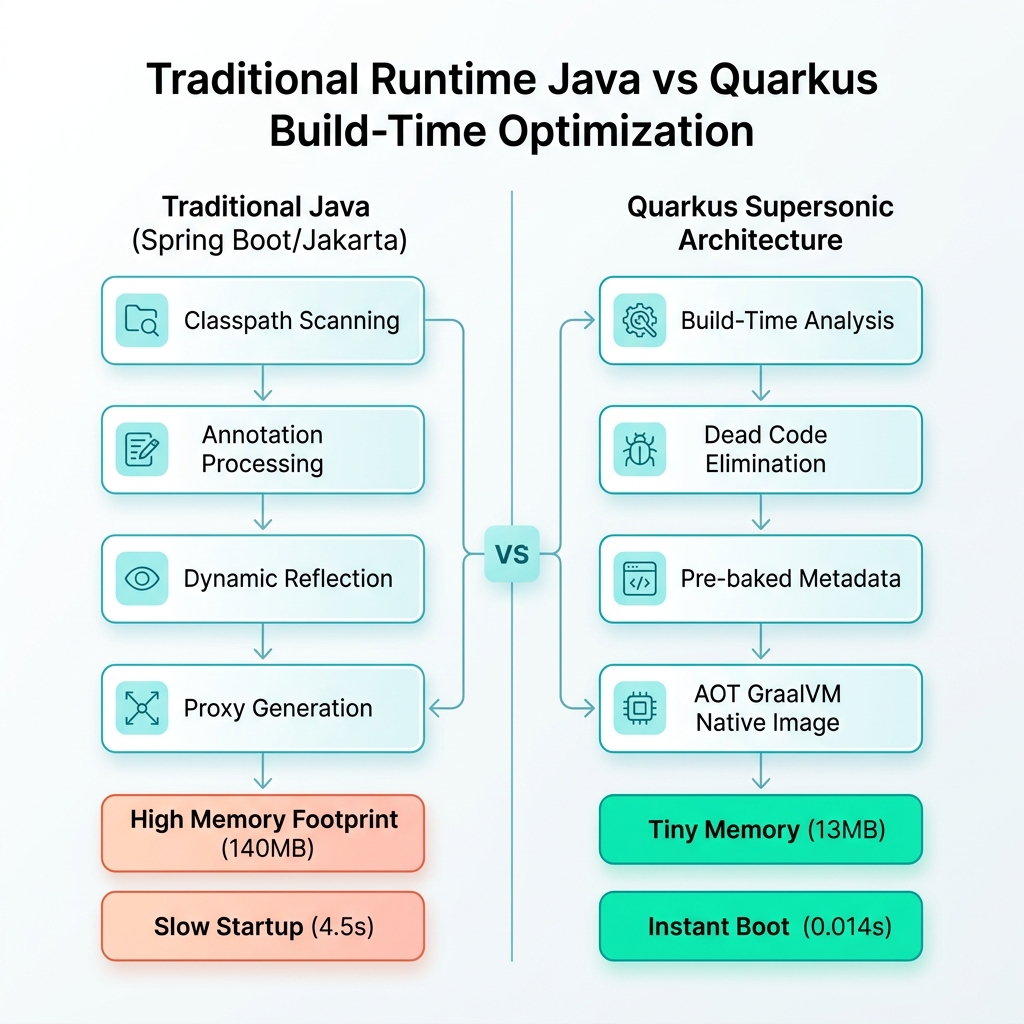 Traditionelles Laufzeit-Java vs. Quarkus Build-Time-Optimierungsarchitekturdiagramm