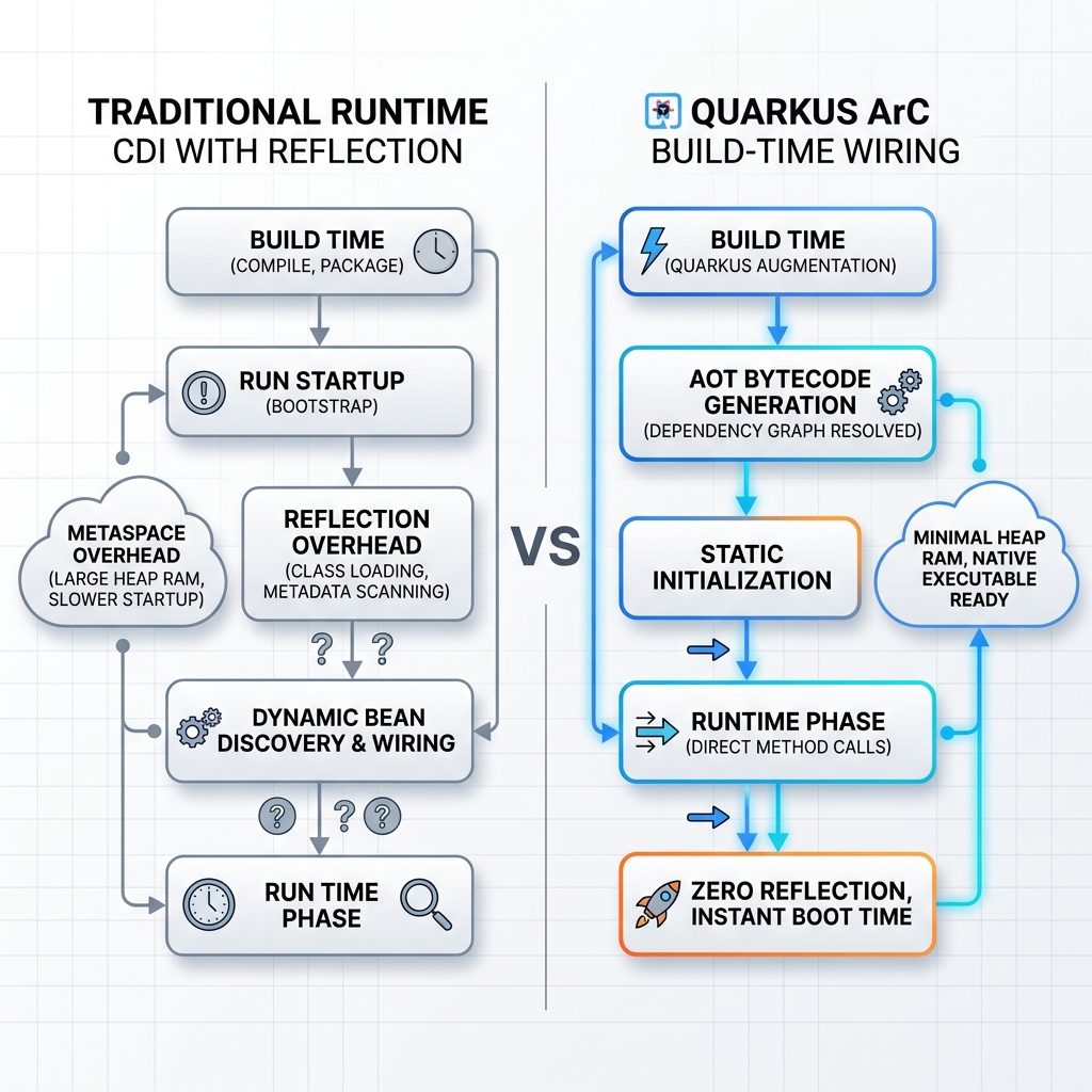 CDI سنتی Runtime با سیم‌کشی Reflection در مقابل Quarkus ArC Build-Time