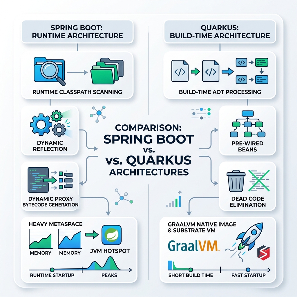 Spring Boot Runtime-Architektur vs. Quarkus Build-Time-Architekturdiagramm